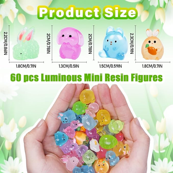 61Pcs Easter Luminous Mini Resin Figurines Miniature Figurines Tiny Small Easter Glow in The Dark Little Bunnies Chicken for Dollhouse Eggs Fillers Landscape Micro Garden Decoration Party Favors