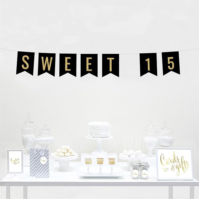 Andaz Press Faux Gold Glitter on Black Birthday Party Banner Decorations, Sweet 15, Approx 5-Feet, 1-Set, Quinceañera 15th Birthday Colored Hanging Pennant Decor