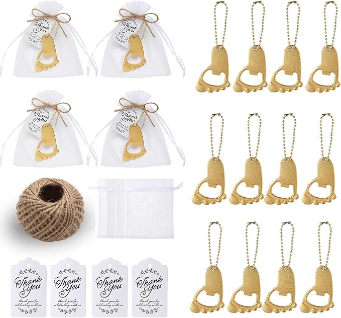 50pcs Baby Footprint Keychains & Bottle Opener Party Favors with Organza Bag (Gold)