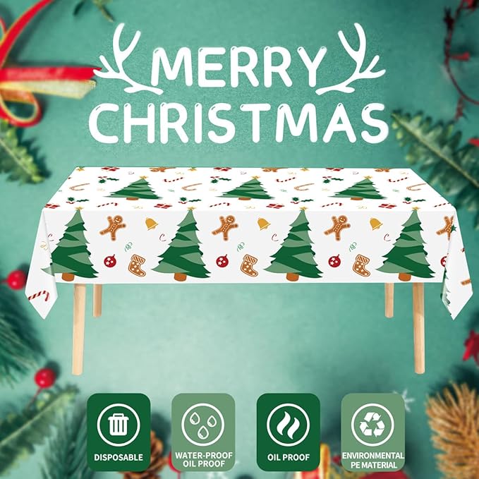2 Pack Christmas Tree Plastic Tablecloths Disposable Xmax Table Covers Table Cloths for BBQ Picnic Birthday Christmas Parties Covers Waterproof Oil-proof Table Cloth Thin Table Cloths 54 x 108 In