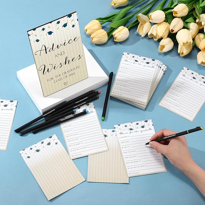 113 Pcs Class of 2026 Graduation Party Favors Include 1 Advice and Wishes Wooden Sign 100 Graduation Advice Cards with 12 Fineliner Ink Pens for The Graduate Class of 2026(Blue)
