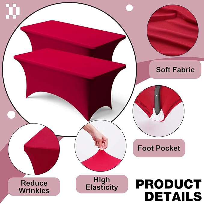 Trlyc 2 Pack 8FT Spandex Table Cloth - 96 x 30 Inch Rectangular Stretch Tablecloth, Wrinkle Resistant Scretch Table Cover for Wedding, Party, Banquet, Picnic, Outdoor Decoration (2Pcs,Burgundy)