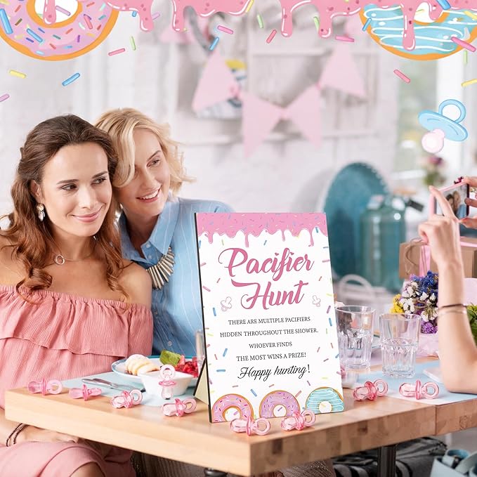 Thyle 51 Pcs Donut Baby Sprinkle Decoration Pacifier Hunt Sprinkled with Love Donut Baby Shower Games Pink Themed Hunt Sign and 50 Acrylic Pacifiers Sets for Gender Reveal Party Favors Guest Supplies