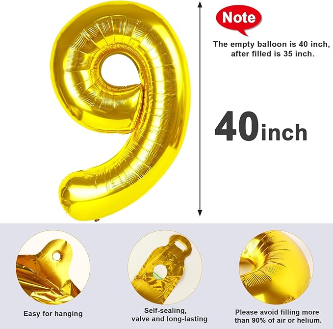 40 Inch Gold Numbers 9 Balloon, Balloons Decorations for 9 19 90 Birthday Party, Engagement, Wedding, Graduations, Photo Shoot Supplies