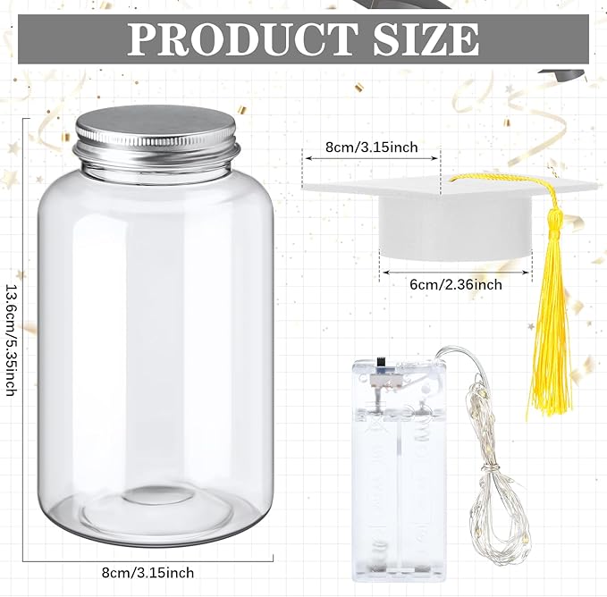 Boao 16 Sets Graduation Table Decoration Set with LED Light up Graduation Decorations for Class of 2026, Grad Jar, Felt Grad Hat and Stickers for High School College(White,Vivid)