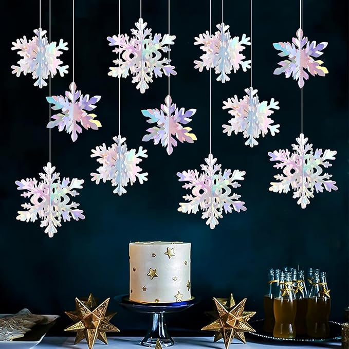 Iridescent-Holographic Snowflake-Snow Christmas Party-Decorations Garland - 12Pcs 3D Winter Wonderland Frozen Hanging Streamers Banner,Disco Birthday Baby Bridal Shower Wedding Decor Supplies Hugtmr