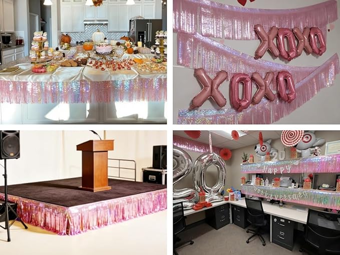 4 Pack Iridescent Pink Total 40 Feet Foil Fringe Garland Metallic Tinsel Banner Wall Hanging Drapes Parade Float Skirting Decorations for Trailer Mardi Gras Party Birthday Wedding