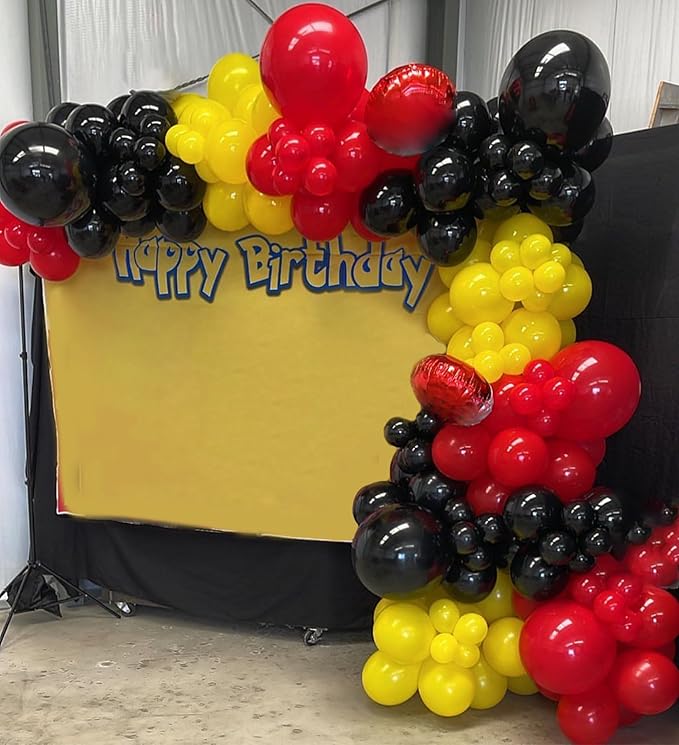 Red Yellow Black Balloons Garland Arch Kit, Mouse Party Decorations with 144pcs Different Sizes Latex Party Balloons for Baby Shower Wedding Backdrop Cartoon Game Theme Birthday Party Decorations