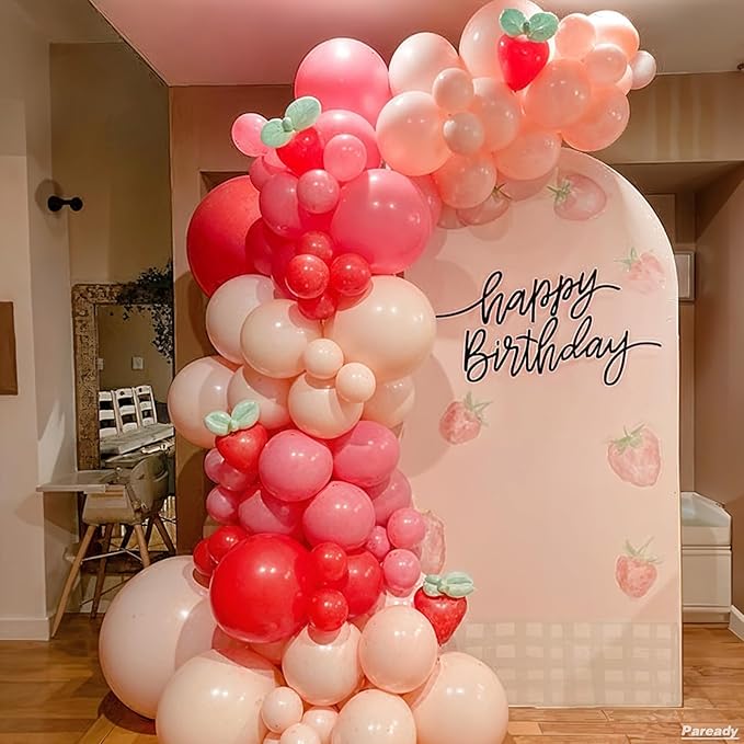 Red Pink Balloon Arch Kit, 120pcs Straw berry Balloon Garland Kit With Red Heart Latex Balloons Polka Dot Balloons For Straw Berry Theme Birthday Baby Shower Party Wedding Bachelorette Anniversary