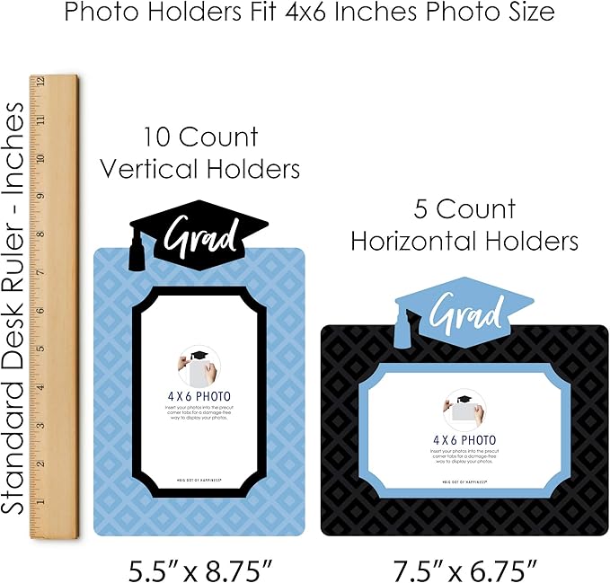 Big Dot of Happiness Light Blue Graduation Photo Display Centerpiece Kit - 15 Double-Sided Photo Table Topper Sticks, Vertical and Horizontal 4x6 Picture Holders, DIY Party Decoration Set