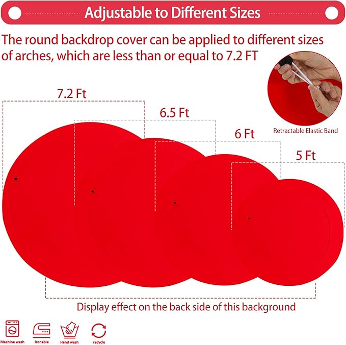 Gallety 7.2FT Red Round Backdrop Cover with Size Adjuster & 4 Metal Clips, Universal Fit for 5ft-7.2ft Circle Stand, Polyester Fabric Arch Cover for Wedding, Birthday Party, Video, Photography Decor