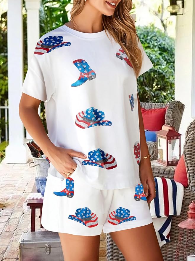 VILOVE 4th of July 2 Piece Sequin Outfits Women 250 Anniversary Usa Shirts and Short Sets Casual Patriotic Shirt Summer Set