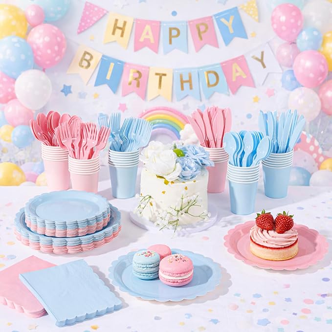 LIYH 350 Pcs Gender Reveal Pink and Blue Plates and Napkins Set for 50 Guest Party Supplies Include Scalloped Paper Plates Cocktail Napkins Cups Spoons Forks Knives for Baby Shower, Birthday, Easter