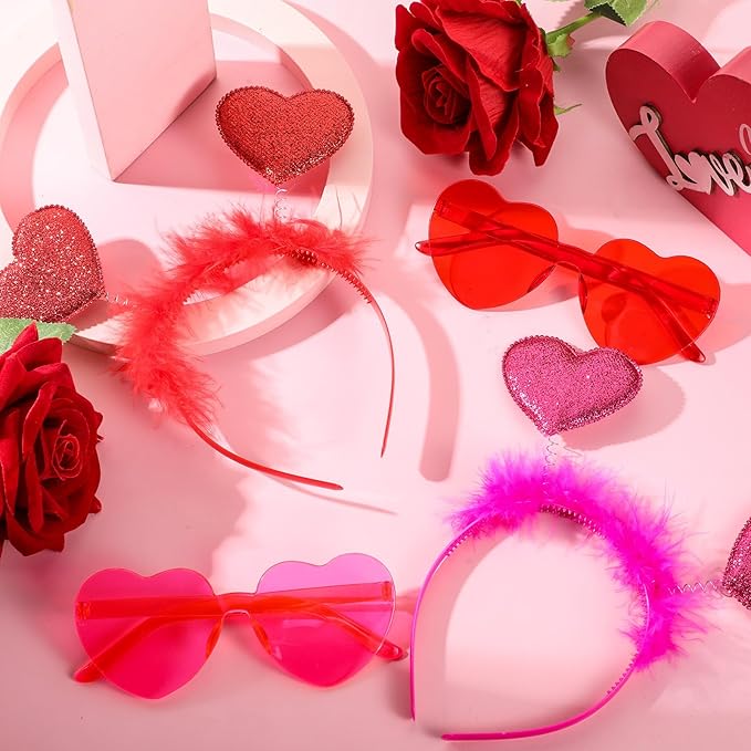 Jutom 24 Pieces Valentines Heart Headbands and Glasses Love Shaped Head Boppers Sunglasses for Adults Galentine's Supplies(Classic Style)