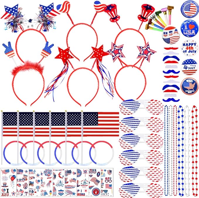 UMEELR 126Pcs Patriotic Party Supplies, 4th of July Party Accessories with Necklaces Headbands Shutter Glasses Flags Glow Sticks for 4th of July Independence Memorial Day Party Favor