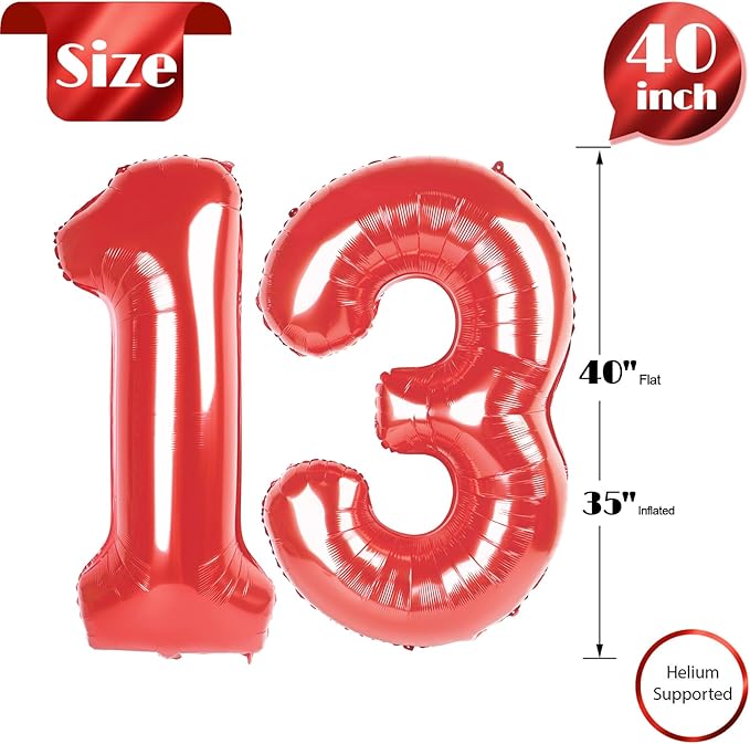 Red Number 13 Balloon 40 inch, 13 Number Balloons, 13th Red Birthday Decorations, 13 Year Old Girls Boys Party Supplies