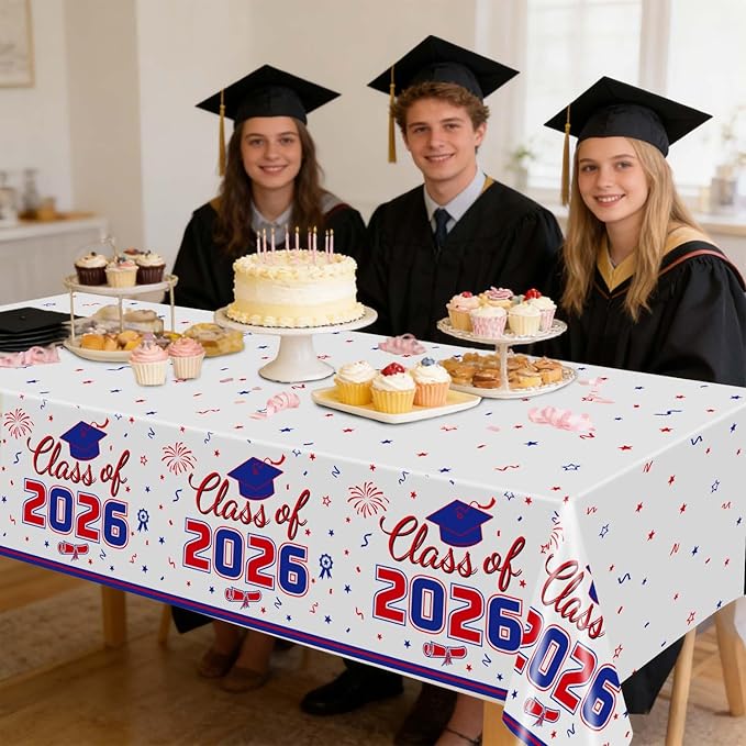 Oigco 2026 Graduation Decorations, 2 Pack Red and Blue Graduation Tablecloths Class of 2026, Congrats Grad Plastic Rectangle Table Cloths for Graduation Party Decorations, 54 x 108 Inch
