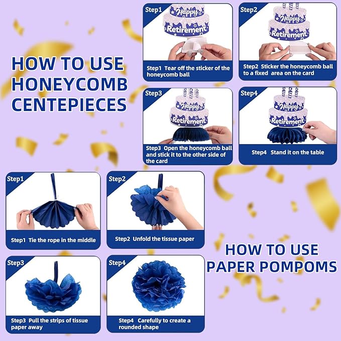 Happy Retirement Party Decorations for Men Women,Blue Silver Retirement Decorations,Happy Banners,Balloons Honeycomb Centerpieces,Paper Pompoms,Office Yard Sign Farewell Party Supplies