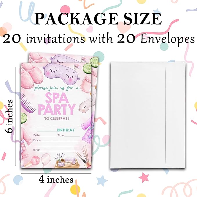 Spa Birthday Party Invitations - 20-Pack of 4''x6'' Invite Cards with Envelopes, Double-Sided Fill In Birthday Party Celebrate Supplies & Decoration For Girls Women Teens - A05