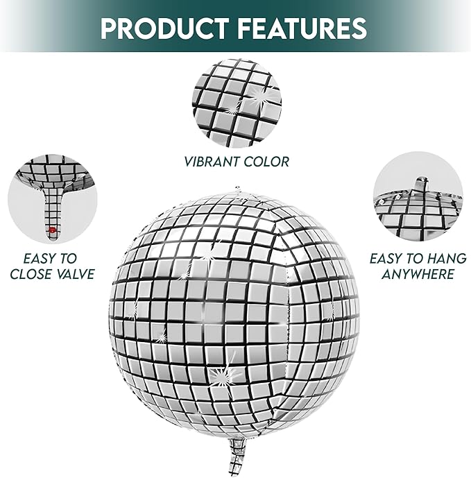 Inflatable Disco Ball Balloons Pack of 24 - 22” Silver Mylar Foil Disco Party Balloons with Star Balloons, Ribbon & Pipe for New Year's Disco Ball Decorations Party, Bachelorette, Birthday Décor