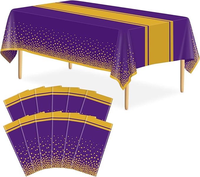 12 Pack Purple and Gold Tablecloth Party Decorations Plastic Purple Tablecloth Printed Gold Table Runner 54 x108 Inch Disposable Rectangle Table Cover for Birthday Wedding Graduation