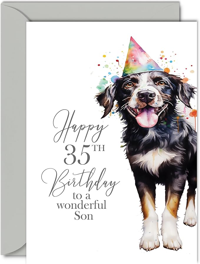 35th Birthday Cards for Son - Party Dog - Happy Birthday Card for 35 Year Old Son from Mum Dad, 5x7 Inch Bday Man Men Him Greeting Cards Gift for Son Birthday Gifts