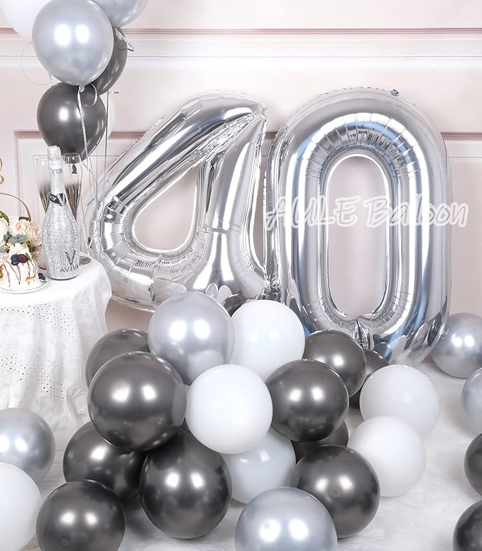 AULE 40 Inch Jumbo Silver Foil Mylar Number Balloons for Men Women 40th Birthday Party Decorations 40 Years Old Anniversary Party Supplies