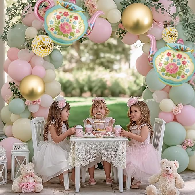 102 Pcs Tea Party Balloons, 35" Huge Teapot Aluminum Foil Balloons Pink Green Gold Confetti Latex Balloon for Girls Birthday Let's Par Tea Baby Shower Bridal Shower Garden Party Decorations Supplies