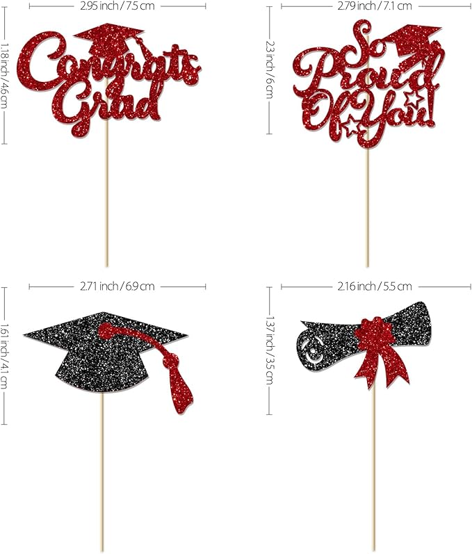 24Pcs Black Red Graduation Cupcake Toppers 2026, Glitter Grad Cap Diploma Congrats Grad We Are So Proud of You Cupcake Toppers for Class of 2026 Graduation Party Decorations.