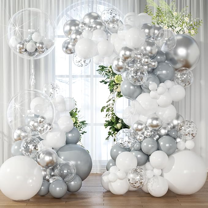 White Silver Balloon Arch Kit Garland with Grey Clear Balloons for Birthday Engagement Wedding Baby Shower Confirmation Prom 25th Anniversary Decorations