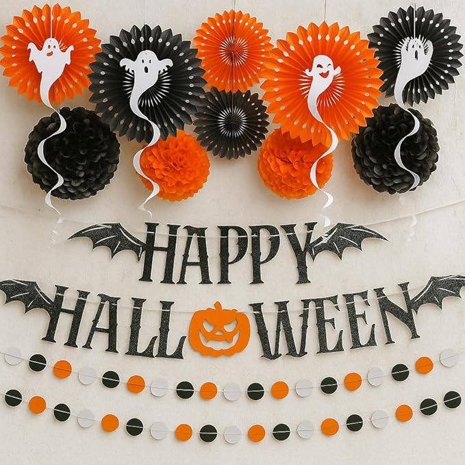 KatchOn, Hanging Halloween Decorations Set - Pack of 17 | Glittery Happy Halloween Banner, Garlands, Ghost Hanging Swirls, Orange Pumpkin, Paper Fan, Spooky | Halloween Decor Hanging Swirls
