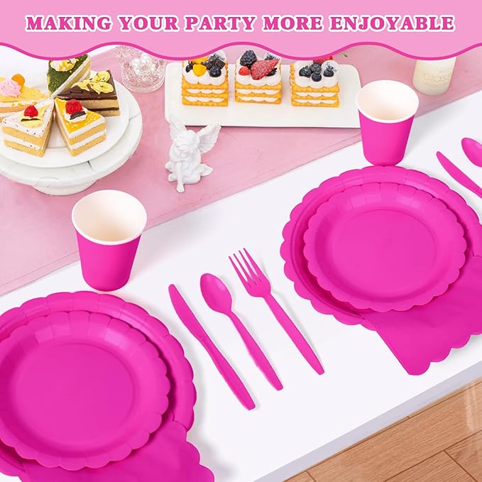 Vyntra 175 Pcs Hot Pink Disposable Paper Plates and Napkins Set for 25, 9" Dinner Plates & 7" Dessert Plates, Tableware for Birthday, Bachelorette, Party