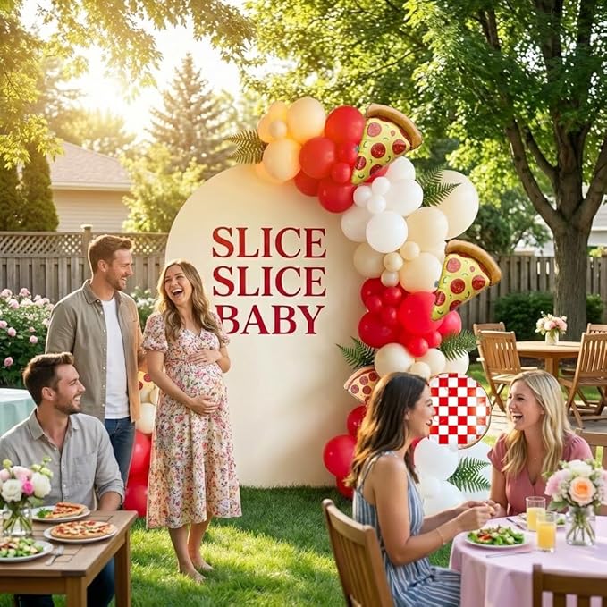 132PCS Pizza Party Balloon Arch Kit, Red White Sand White Latex & Gingham Checkered Foil Balloons with Pizza Foil Mylar for Italian Theme Birthday Baby Shower Christmas New Year Decorations