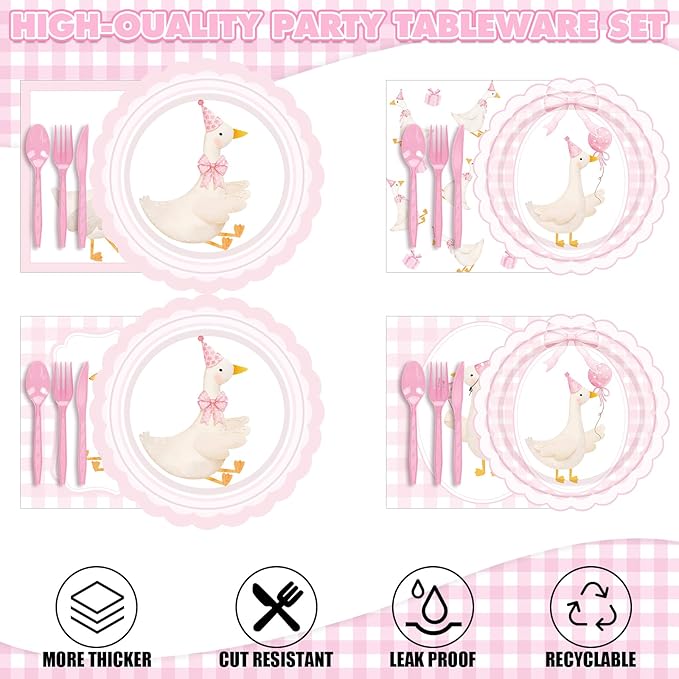 Zhehao 350 Pcs One Silly Goose Birthday Party Tableware Set Scalloped Pink Baby Shower Plates Cup Napkins Forks for Birthday Party Decorations Supplies for 50 Guests