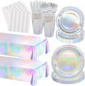 146pcs Iridescent Party Supplies Iridescent Party Tableware Sets Serve 24 Guests Includes Holographic Paper Plates Cups Napkins Forks for Baby Bridal shower Mermaid Birthday Party