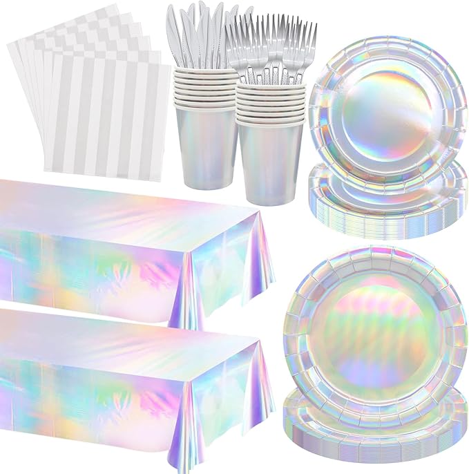 146pcs Iridescent Party Supplies Iridescent Party Tableware Sets Serve 24 Guests Includes Holographic Paper Plates Cups Napkins Forks for Baby Bridal shower Mermaid Birthday Party