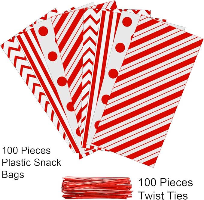 Aneco 100 Pack Red Cellophane Bags 10.6 x 5.1 Inch Plastic Candy Bags Gift Bags Goodie Bags with Twist Ties for Valentine, Birthday, Gift Cookie Snack Packing Party Favor Supplies