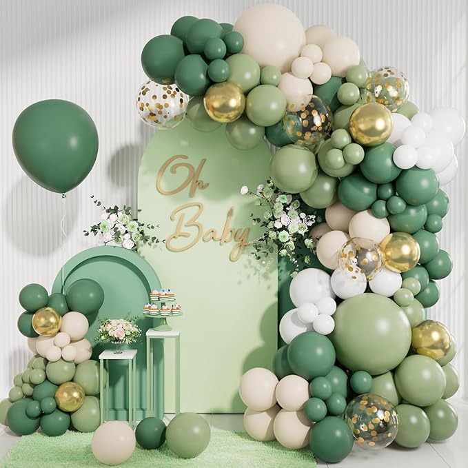 CboDeco Sage Green Balloon Garland Arch Kit, Sage Green Olive White Gold Balloons in 18 12 10 5 inch, Metallic Confetti Balloons for First Communion Safari Baby Shower Birthday Baptism Decorations