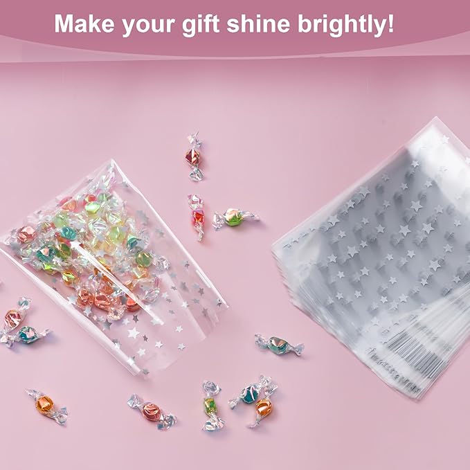 Aegero 120 Pack Star Printed 5"X 7" Gift Wrap Cello Cellophane Treat Bags,Gift Candy Goodies Bags with 140 Pcs Twists for Valentine,Birthday,Bakery,Wedding,Gift Cookie Snack Packing,Party Favor Supplies(Silver Star)