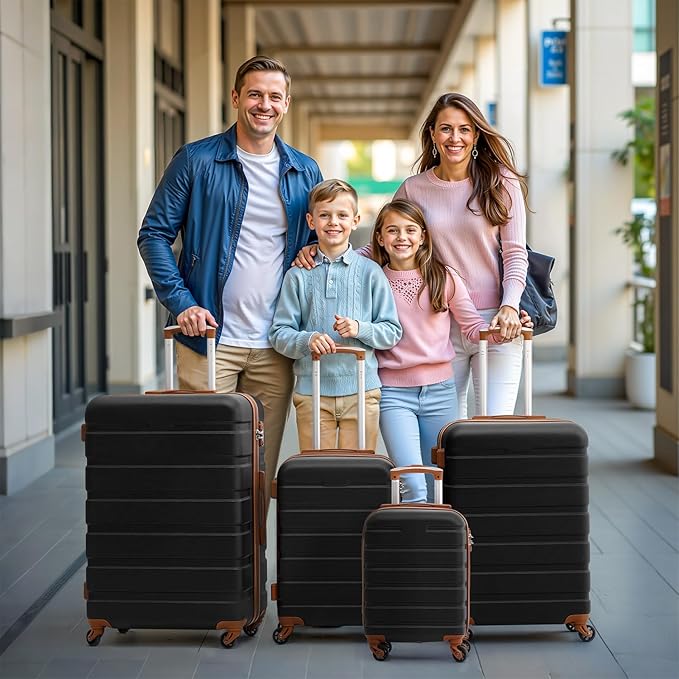 Coolife Luggage 3 Piece Set, Lightweight Durable Hardshell Suitcase set with 360° Spinner Wheels, TSA-approved Lock, Checked Family Travel Luggage sets, 16/20/24/28 Inch, Apricot Black