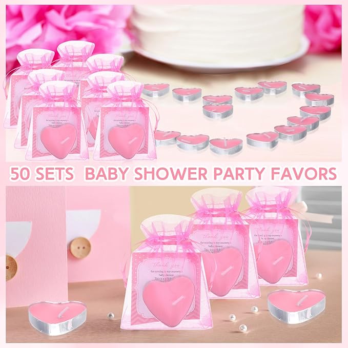 50 Sets Baby Shower Favors Candle Include 50 Pcs Heart Shaped Tealight Guests Baby Shower Candles Tealight with Thank Cards and 100 Pcs Gift Bags for Gender Reveal(Pink)