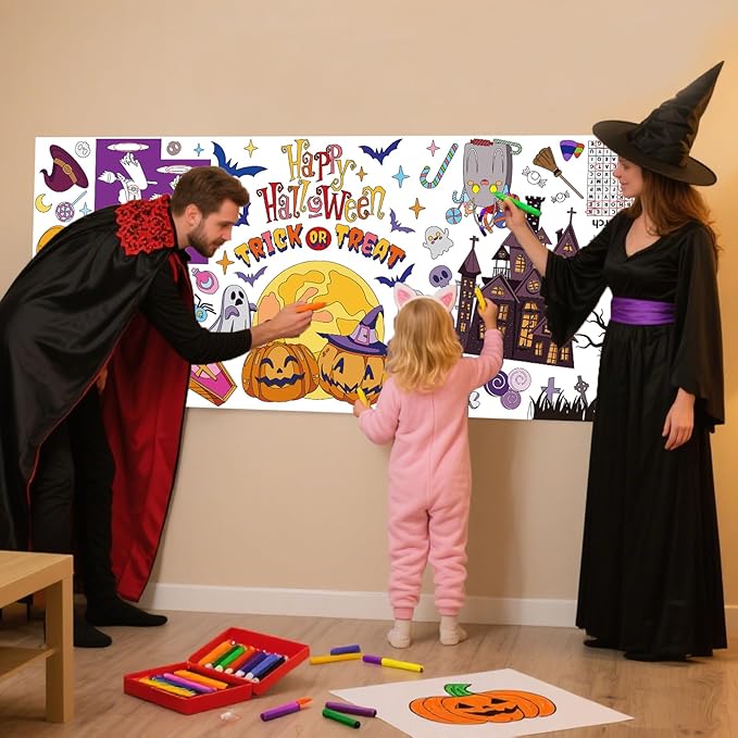 Halloween Giant Coloring Poster 30x72 Inch Drawing Paper Coloring Tablecloth DIY Art Crafts Mat,for Kids Halloween Decorations Large Coloring Activity Poster Home Classroom Wall Party Suppiles