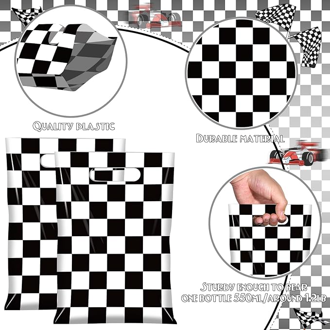 30 Pcs Black and White Checkered Race Car Party Favor Bags, Plastic Black and White Car Goodie Treat Bags, Racecar Buffalo Plaid Candy Gift Bags for Kids Fast Race Car Birthday Party Decorations
