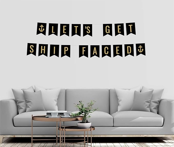 Andaz Press Faux Gold Glitter on Black Funny Alcohol Party Banner Decorations, Let's Get Ship Faced, Anchor Graphic, Approx 5-Feet, 1-Set, Wedding Bridal Shower Bachelorette Hanging Pennant Decor