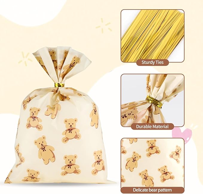 Docvania Bear Cellophane Treat Bags Plastic Gift Bag 100 pcs 5 X 7 Bear Cookie Bags with Ties Goodie Candy Bag Suitable for Mother's Day, Valentine's Day, and Holiday Parties