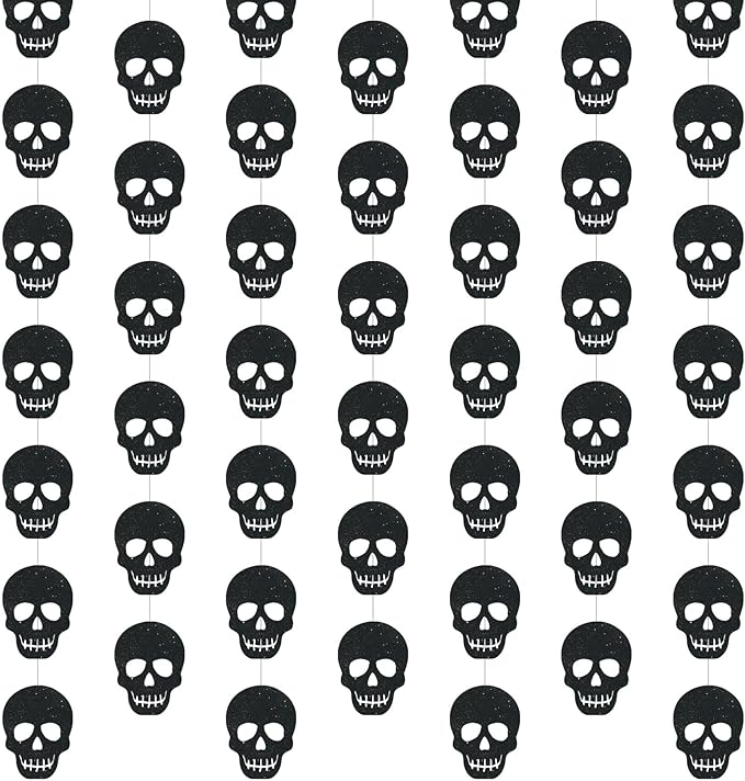 Xinnun Skull Party Decorations Black Skeleton Hanging Banners Garland Gothic Theme Banner Cutouts Ribbon Streamers for Halloween Spooky Funny Funeral Birthday Party Decor Supplies(Skull)