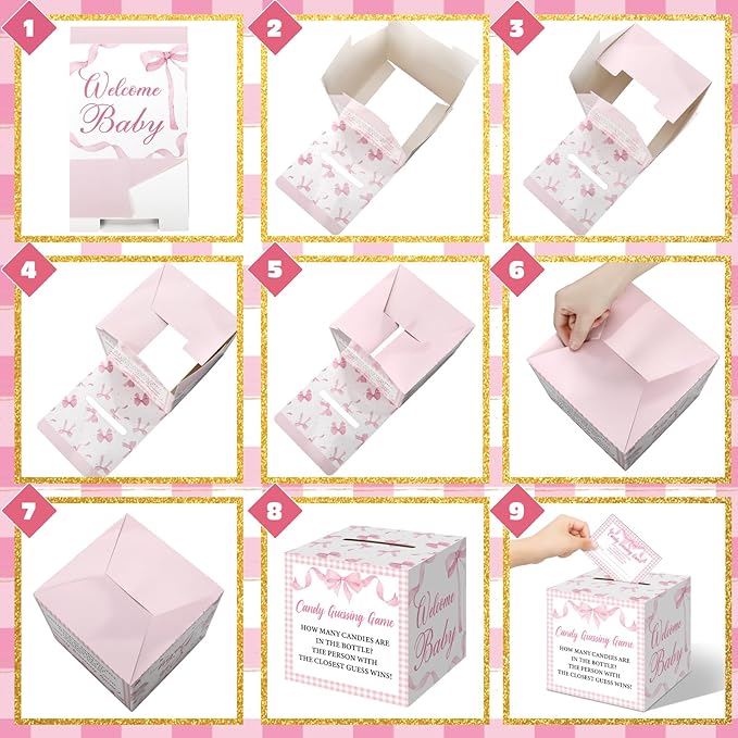 Glenmal 52 Pcs Baby Shower Games Gift Sets Large Baby Bottle for Shower Game Guess How Many Candies Decorations for Gender Reveal (Pink Bow)