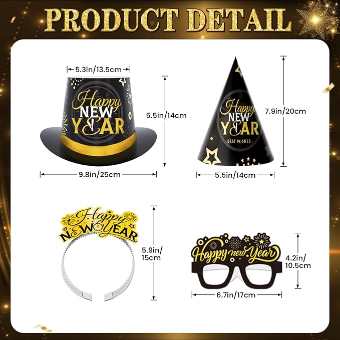 48PCS New Years Eve Party Supplies 2026 for 24 Guests, Happy New Years Decorations Party Favors Includes Top Hats, Tiaras, Glasses Accessories for Adults Nye Decorations 2026