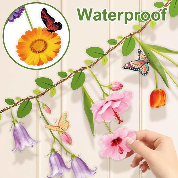 2PCS Flower Banner Reusable Wildflower Garland Floral for Spring Party Enchanted Garden Theme Picnic Wedding Baby Shower Birthday Tea Party Christmas Valentine's Day Supplies Home Decorations