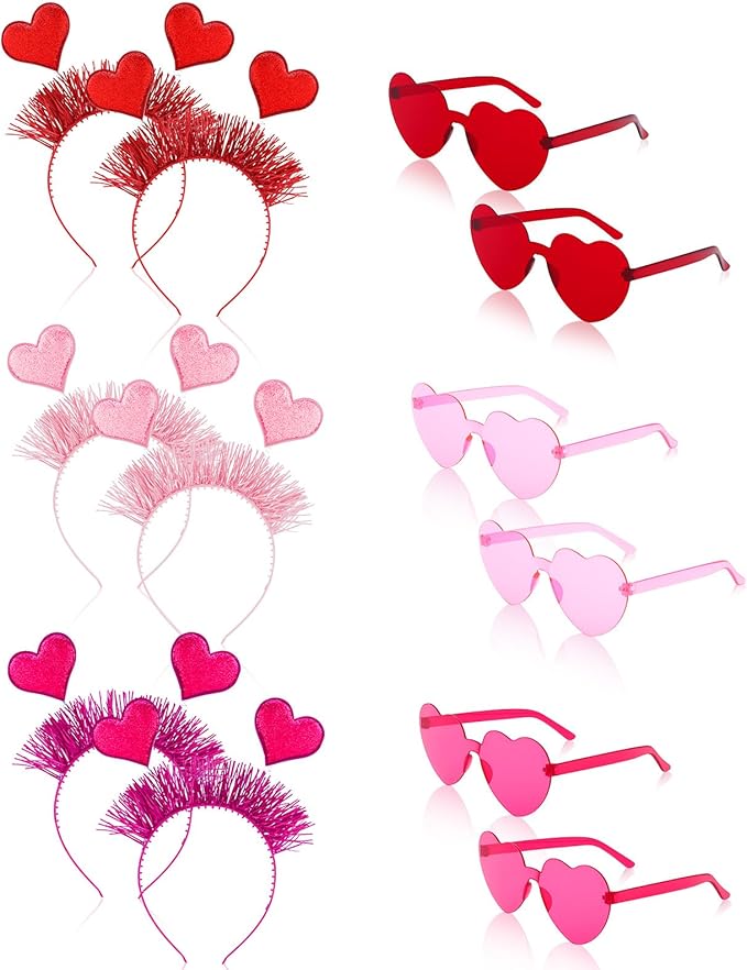 JATEBI 12PCS Valentines Day Heart Headbands and Heart Shape Sunglasses Valentine's Accessories for Women Hair Birthday Easter Party Costume Accessory